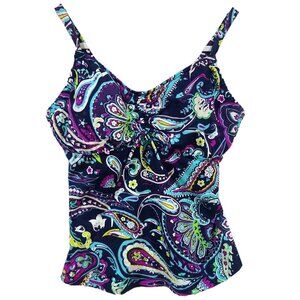 Lands End Underwire Tankini Top size 8D Navy Paisley Tie Front Swim Colorful